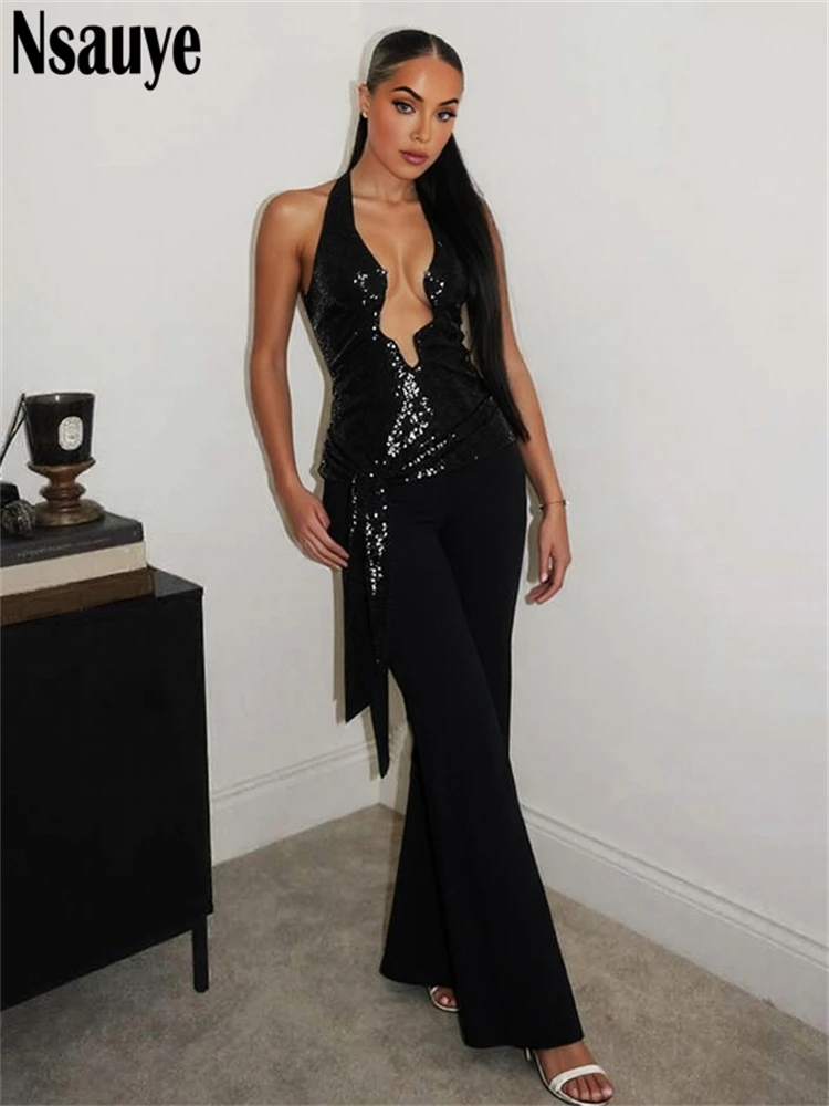 Nsauye Winter New Sexy Women Sequins Black Sleeveless Halter Slim Backless Jumpsuits Glitter Party Overalls Elegant Lady 2025