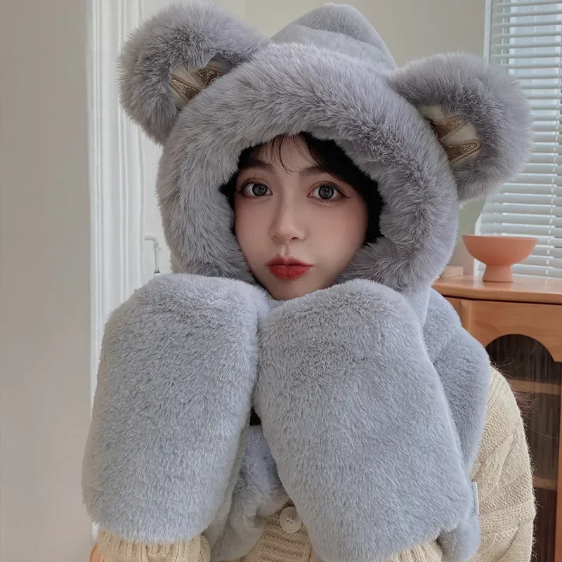 Winter Simple New Style Thickened Warm Plush Scarf All-in-one Hooded Scarf Three-in-one Cute Bear Ear Hat Female Hooded Ski Mask