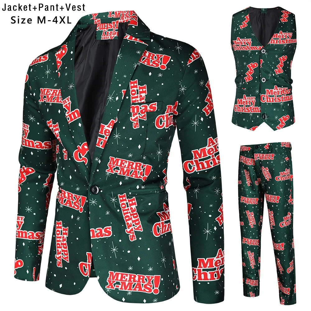 Suit for Men Christmas Day Party Prom Slim Fit 3 Pieces (Blazer+Vest+Trousers)Xmas Tree Print Dress Up Male christmas Suits Sets