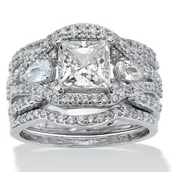 Vintage 3-in-1 Lab Diamond Ring Set 14K White Gold Party Wedding Band Rings for Women Bridal Anniversary Jewelry Gift