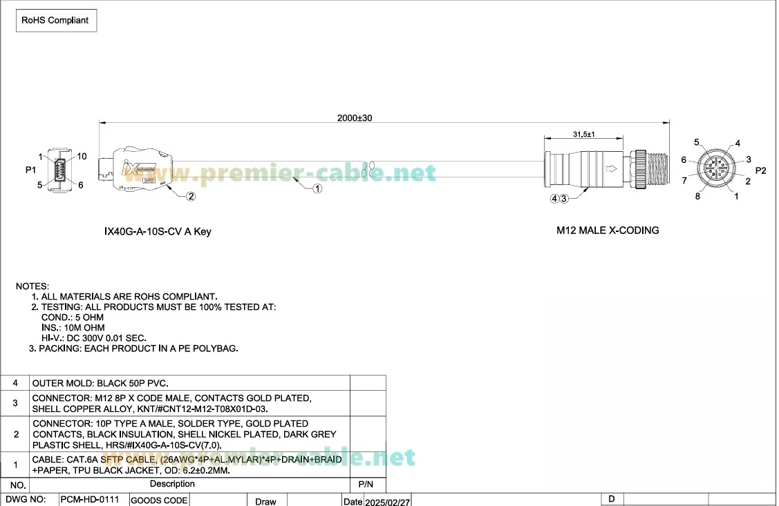 IX Industrial Cat6A Ethernet-Kabel IX40G-A-10S-CV(7.0) IX A Key to M12 X Code Steckerkabel, geschirmt, SFTP für Maschinenbildverarbeitung – Detail 4