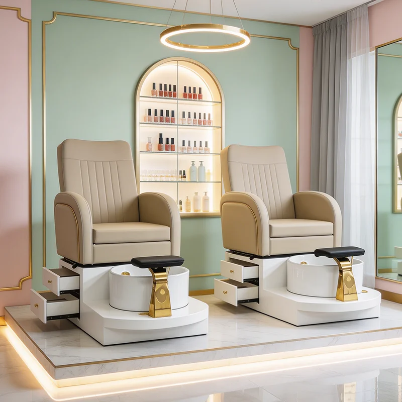Luxury Nail Salon Equipment White Wooden Base Foot Spa Bench Modern Storage Cabinet Pedicure Chair with Surfing Function