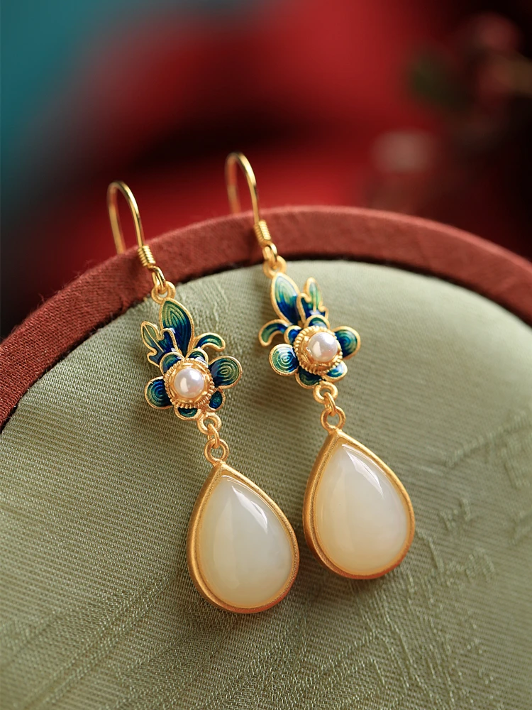 

Серьги-капли из стерлингового серебра Hetian Jade, женские эмалированные новые китайские антикварные серьги