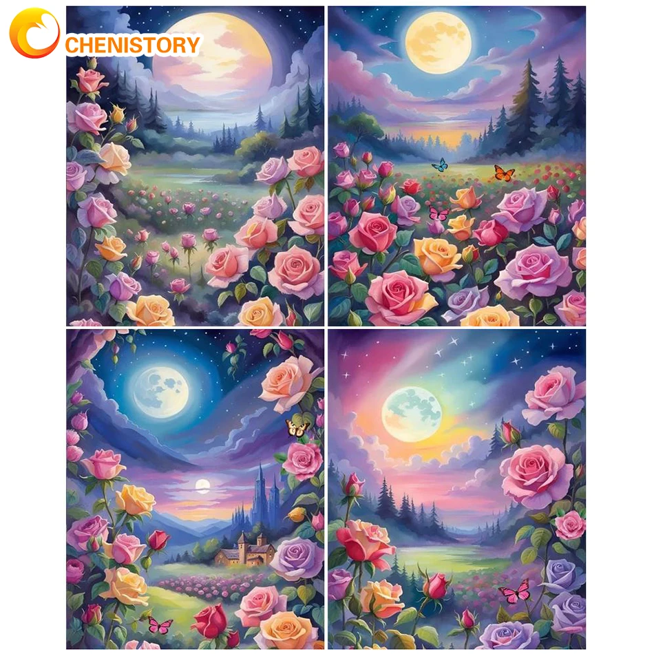 

CHENISTORY Painting By Numbers Chinese Rose Coloring By Numbers Flower Scenery For Adult Kit Living Room Decoration Artwork