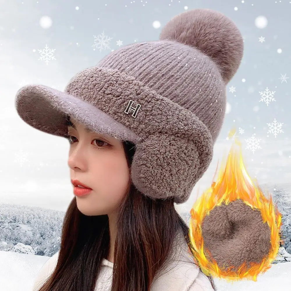 Big Pompom Wool Knitted Hat For Women Solid Color Velvet Lined Warm Earflaps Baseball Cap Ladies Outdoor Sport Cold-proof Bonnet