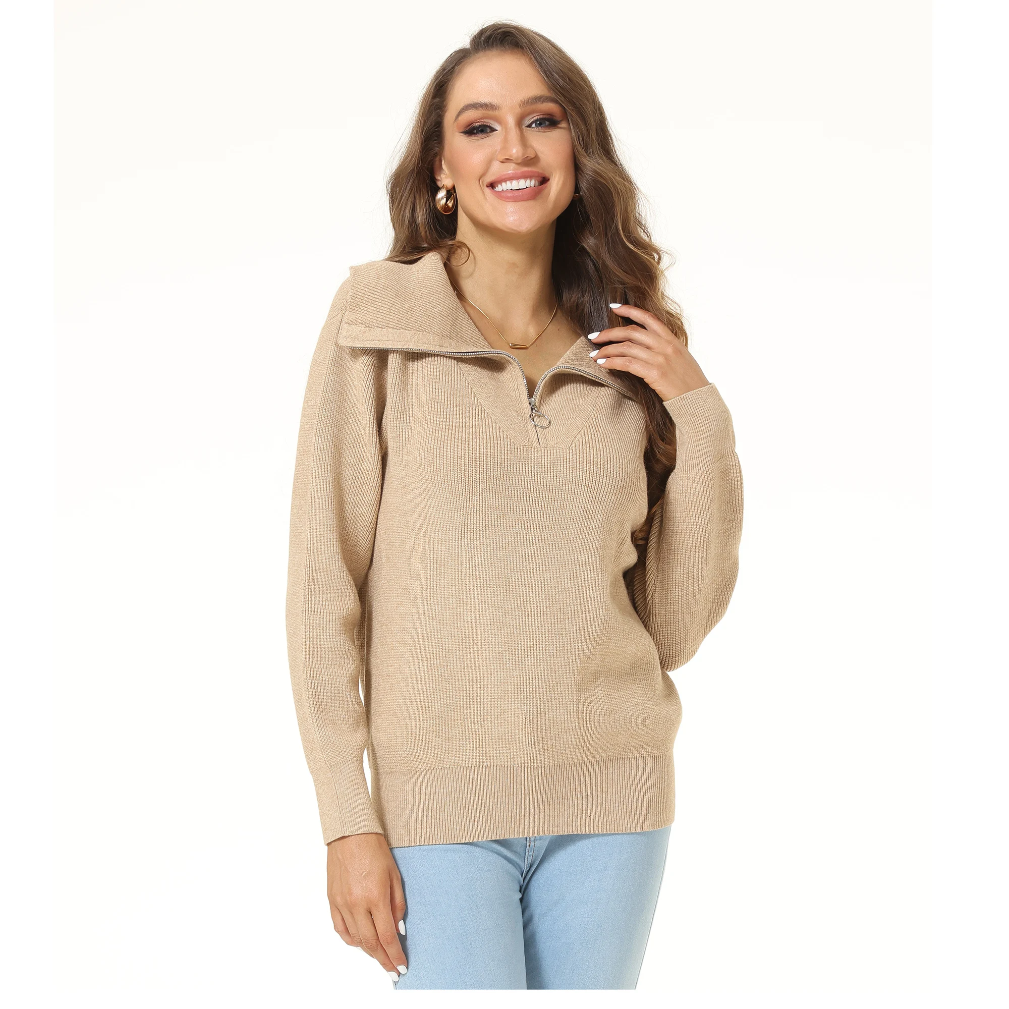 Winter Dames Half Zip Truien Gezellige Warme Vintage Blouse Casual Ritsen V-Hals Kraag Gebreide Slouchy Pullover Tops