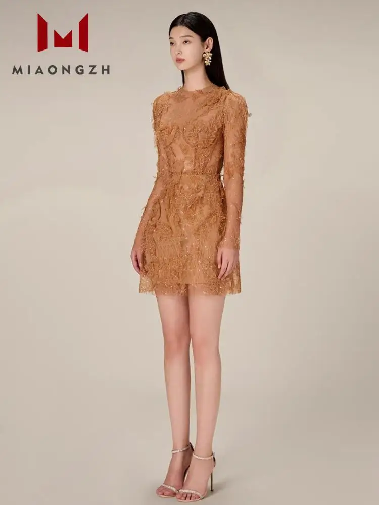 Fashion Women\'s Lace Dress Short Round Neck Long Sleeve Embroidered Hollow Out 2023 Autumn Female Midi Luxury Party Dresses Chic