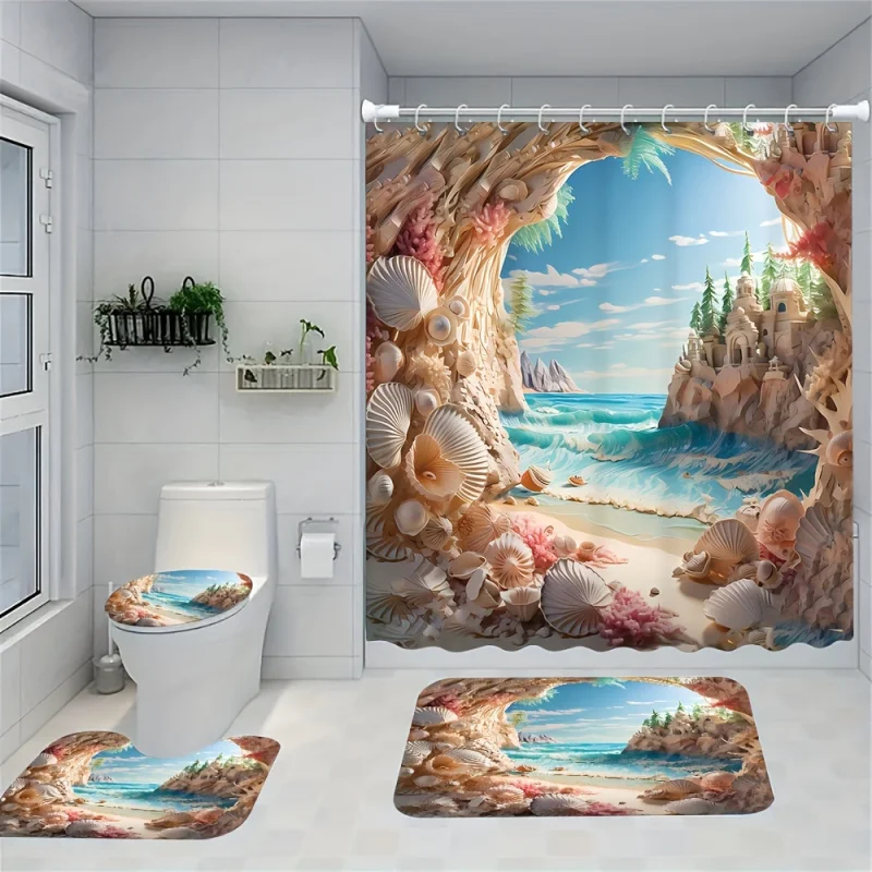 1/4 Shell Ring Valley , Decorative Bathroom Set Including Waterproof Shower Curtain, Non-slip Floor Mat, Toile