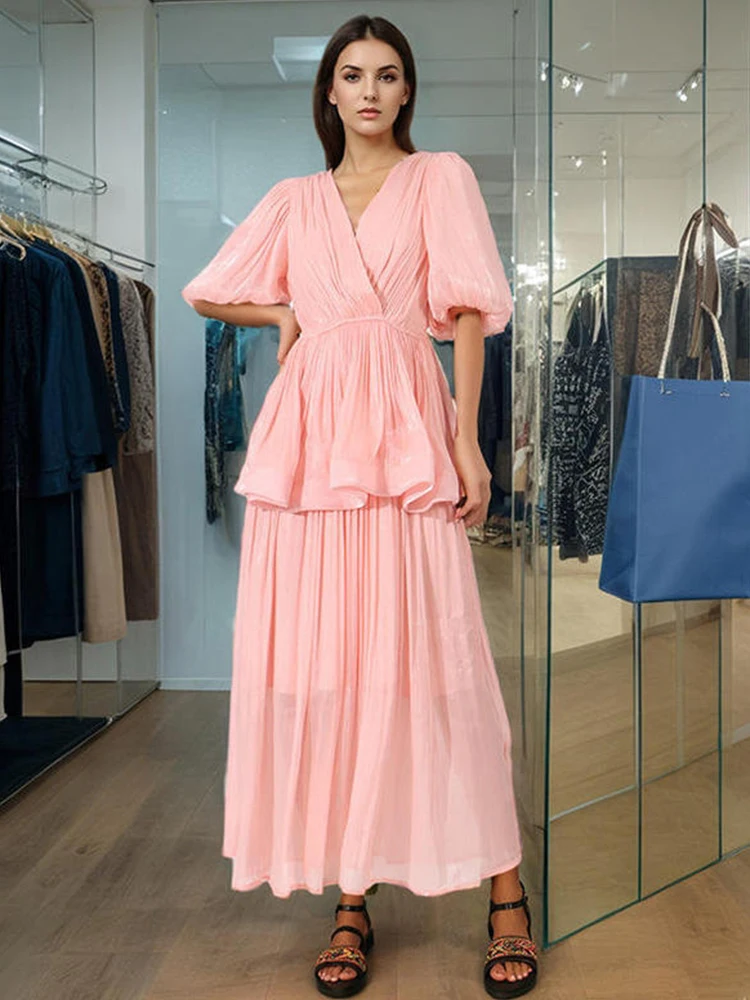 Designer's sexy V-neck elastic and tight cinched pleated dress 2025 summer women's fashion loose and large swing puffy skirt