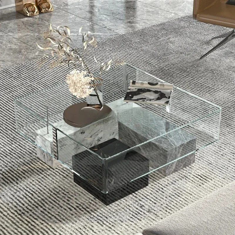 

Стеклянный журнальный столик TTTTGlass для небольшой квартиры, мраморный, с витриной для фигурок Лего и подсветкой