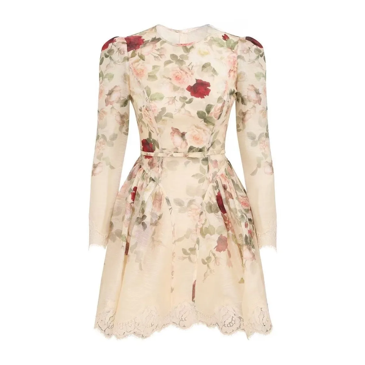 Beige Violet Purple Floral Print Long Sleeve Mini Dress