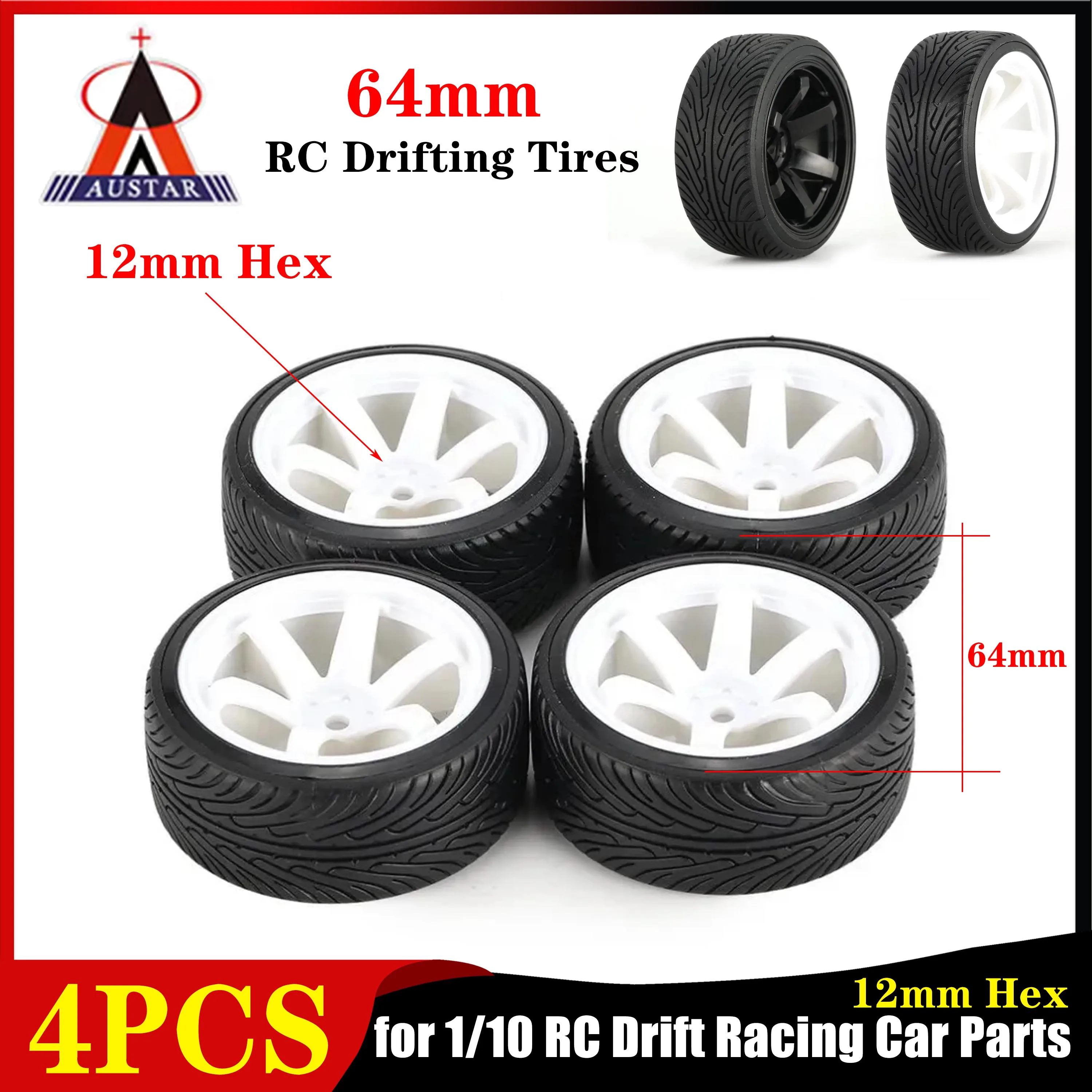

4PCS AUSTAR 64mm RC Drifting Tires 12mm Hex Hub Rim Wheel Tyre Skidproof Wear-resistant for 1/10 RC Drift Racing Car HSP Parts