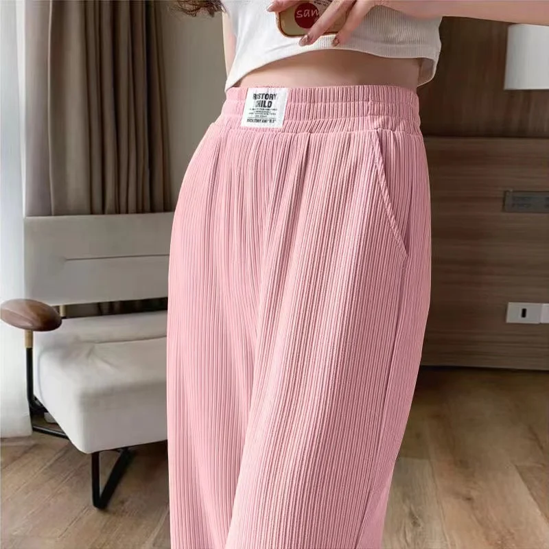 New Women's Ice Silk Summer Thin High Waist Drape Loose Straight Leg Slimming Floor-Length Casual Pants Korean Sle