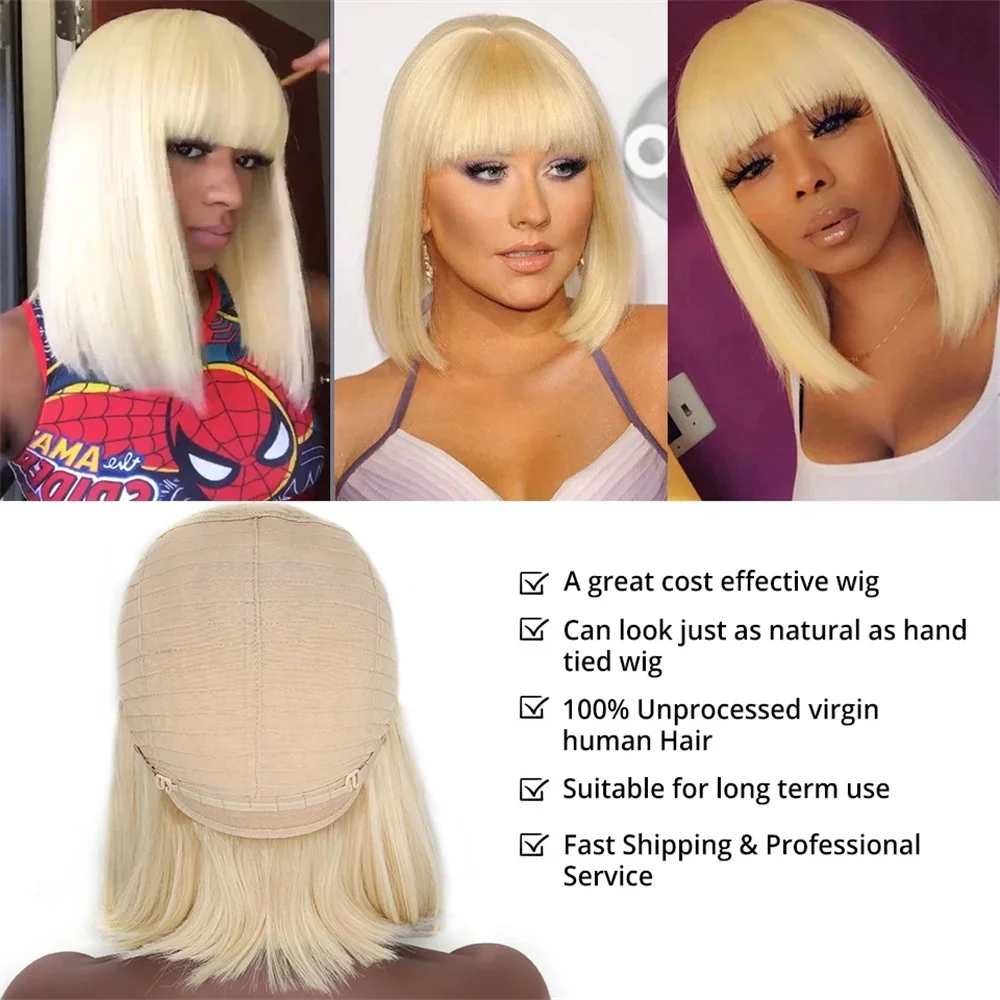613 Blonde Short Bone Straight Bob Human Hair Wig With Bangs For Women Brazilian Remy Hair Blonde Wig for Women 613 Machine Made