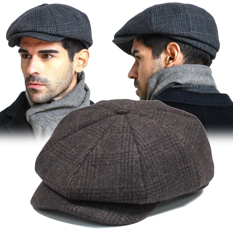 Moda lã tweed boné espinha de peixe masculino feminino gatsby retro pintores britânicos chapéu motorista boné plano preto café cinza