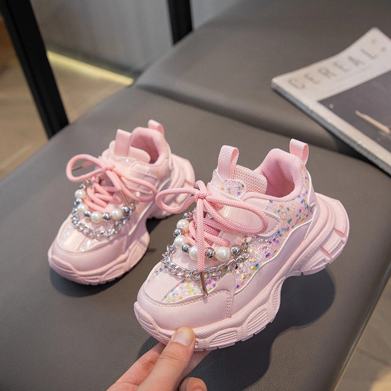 Girls Glitter Platform Dad Sneakers, Kids Pearl Chain Decor Fashion Walking Shoes, Adjustable Hook and Loop Sports Spring Autumn