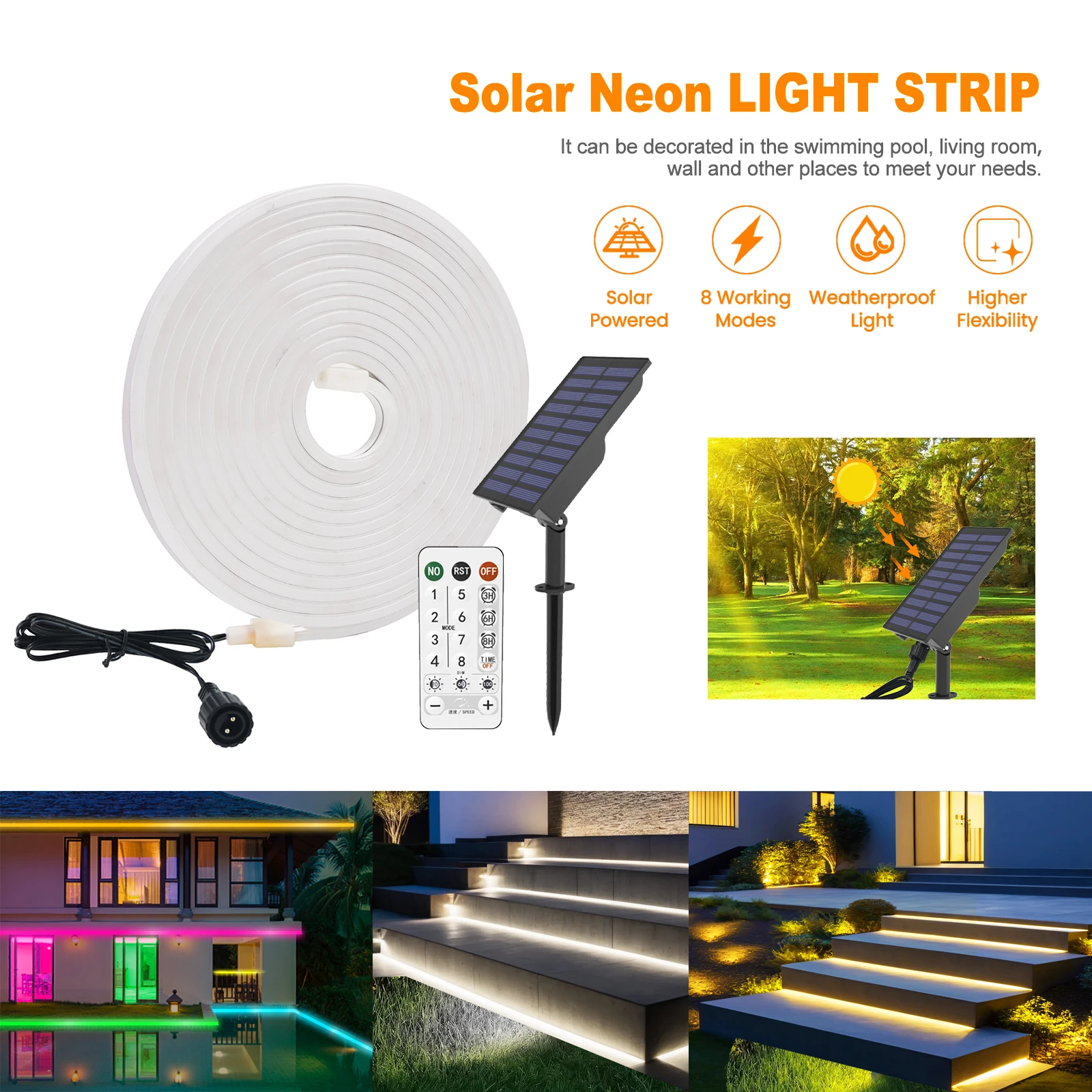 Bande Solaire Néon LED, 24V, 10m, Étanche IP67, 120 Diodes/m, Lampe Solaire COB Haute Densité, 10 Couleurs, pour Décoration Extérieure de Jardin et de Maison