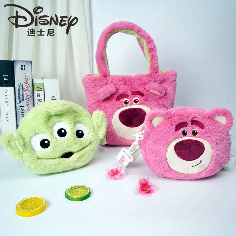 Disney Strawberry Bear Borsa a doppia faccia per bambola di peluche a tre occhi Borsa a tracolla portatile di grande capacità Borsa a tracolla portatile da donna