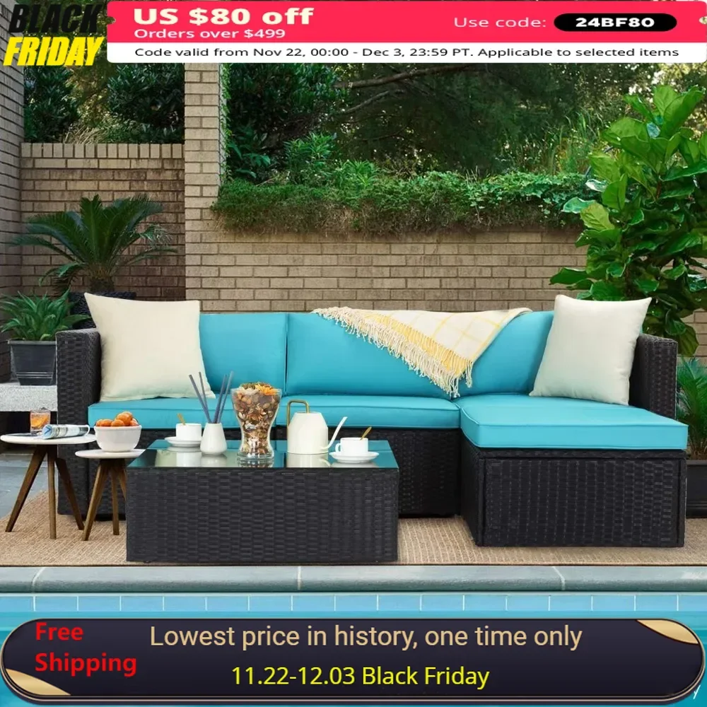 Patio Furniture Sets All Weather Outdoor Sectional Sofa Manual Weaving Wicker Rattan Patio Conversation Garden Sofas