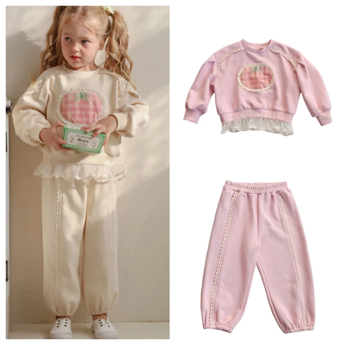 

2026 Spring New Children's Clothes Set Kids Girl Clothes Lace Cute Printed Crew Neck Loose Sweater and Casual Sweatpants