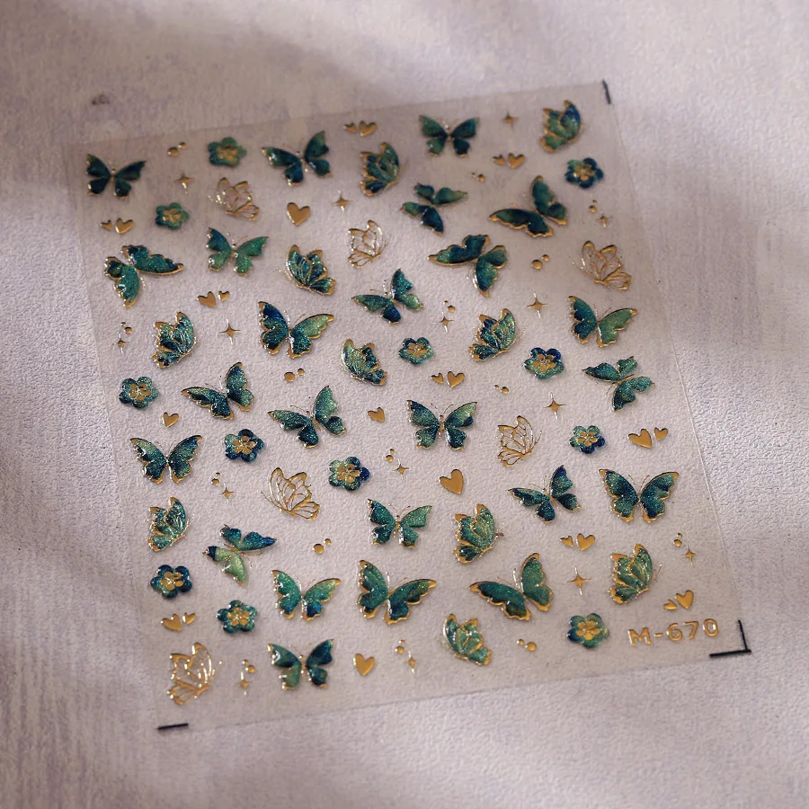 Gold Stamped Red Green Yellow Butterfly Flowers 3D Jelly Self Adhesive Nail Art Stickers Glitter Manicure Decals Wholesale