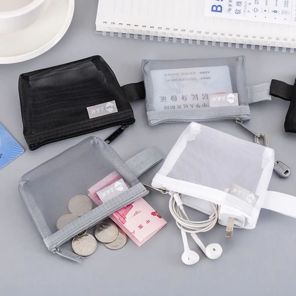 Portable 3 Color Earphone Credit Card Lipstick Data Line Key Storage Bag Sundries Organizer Coin Purse Mesh Card Bag