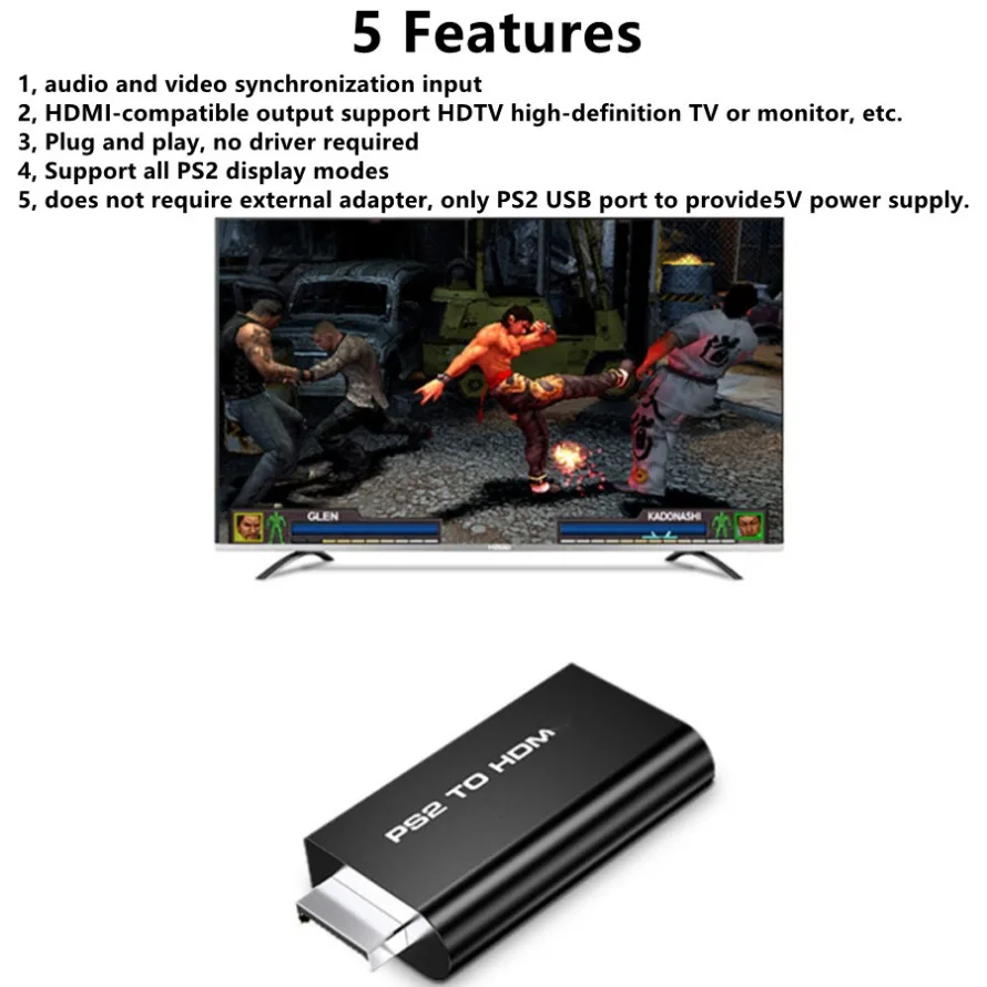 محول PS2 إلى HDMI متوافق 480i 480p 576i Playstation2 إلى محول الصوت والفيديو المتوافق مع HDMI مع مخرج صوت 3.5 ملم