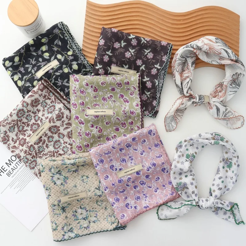 

2025 Fashion French Retro Silk Scarf Small Floral Square Scarf Lace Scarf Female Thin All-Matching Bandana Headband Headcloth