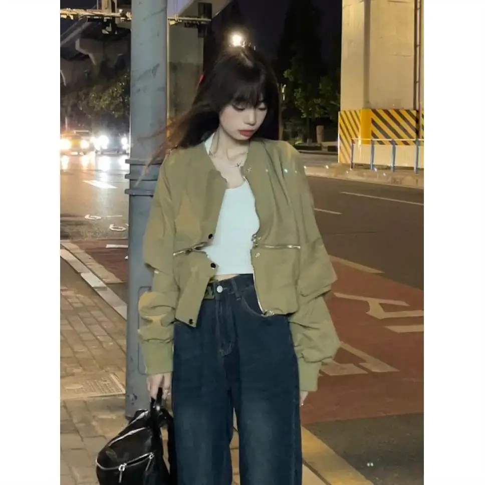 

Женский винтажный дизайн на молнии на весну и осень, свободная универсальная короткая куртка, кардиган на молнии