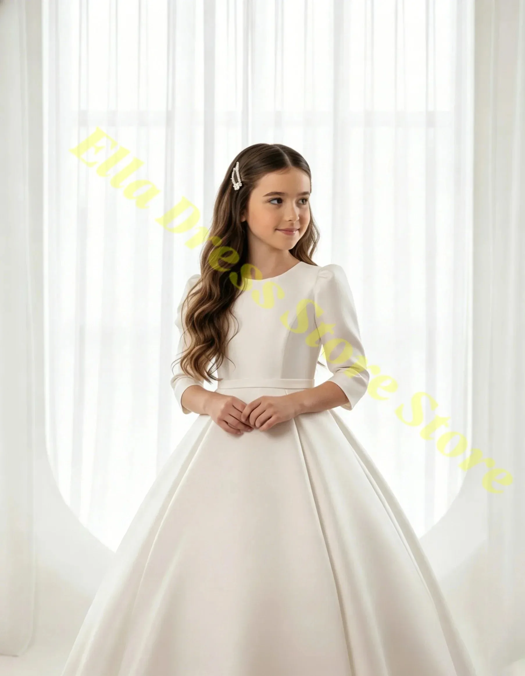 Maßgeschneidertes, bezauberndes Blumenmädchenkleid, neues langärmeliges, mattes Satin-A-Linien-Abendkleid mit Schleppe, für Mädchen, Hochzeit, Party, Prinzessin, Großhandel – Detail 2