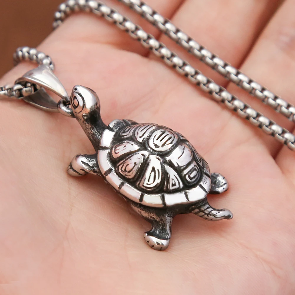 Vintage Stereo Sea Turtle Charm Necklace Stainless Steel Unique Animal Pendant Unisex Daily Outfit Accessories Jewelry Gift