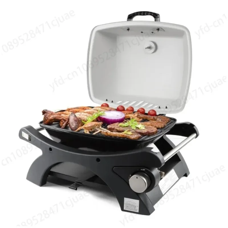 Outdoor camping car portable gas grill, small tabletop propane grill with cast iron grate and griddle