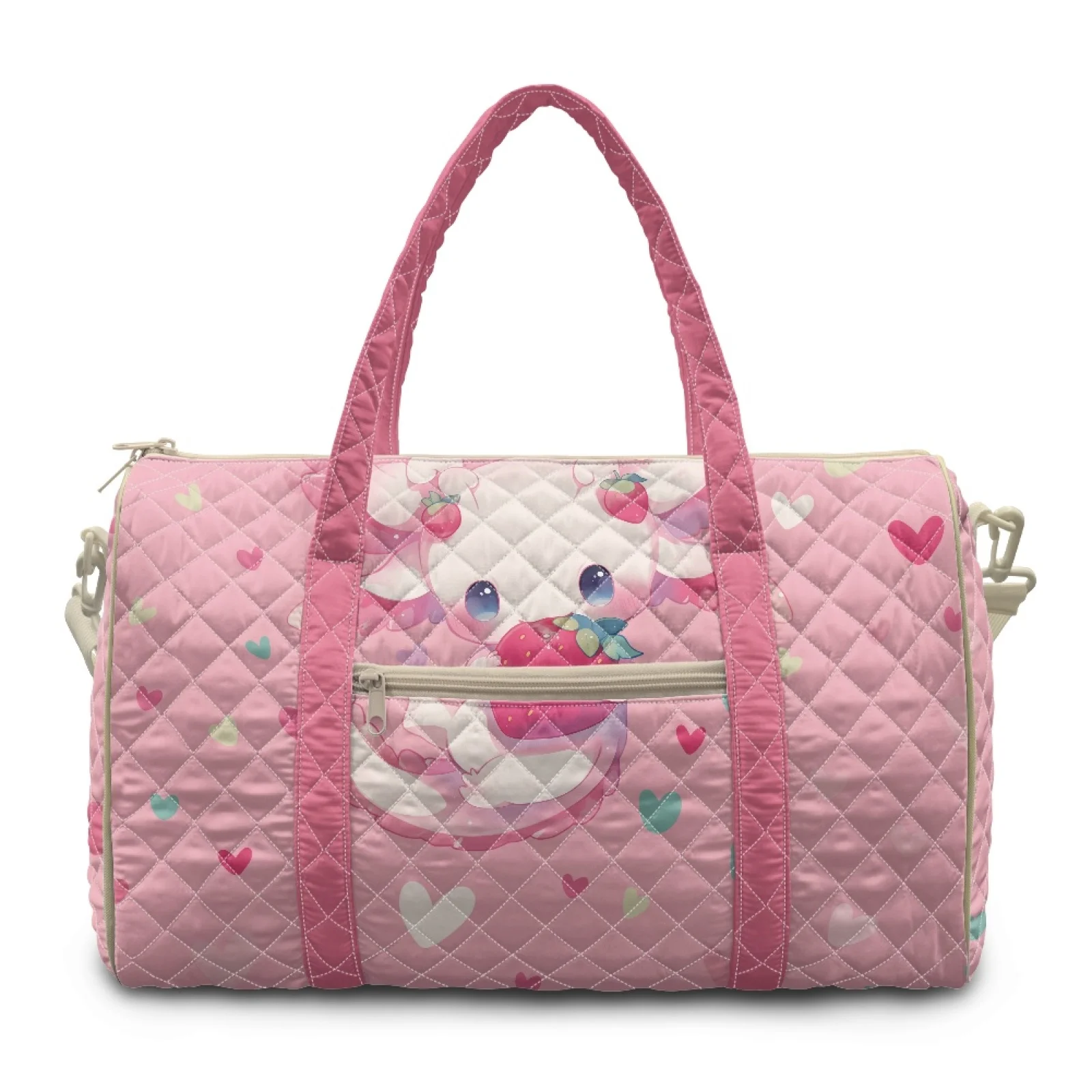 Coloranimal Portable Travel Duffel Bag Lightweight Quilted Travel Duffels for Yoga Women Pink Axolotl Strawberry Pattern