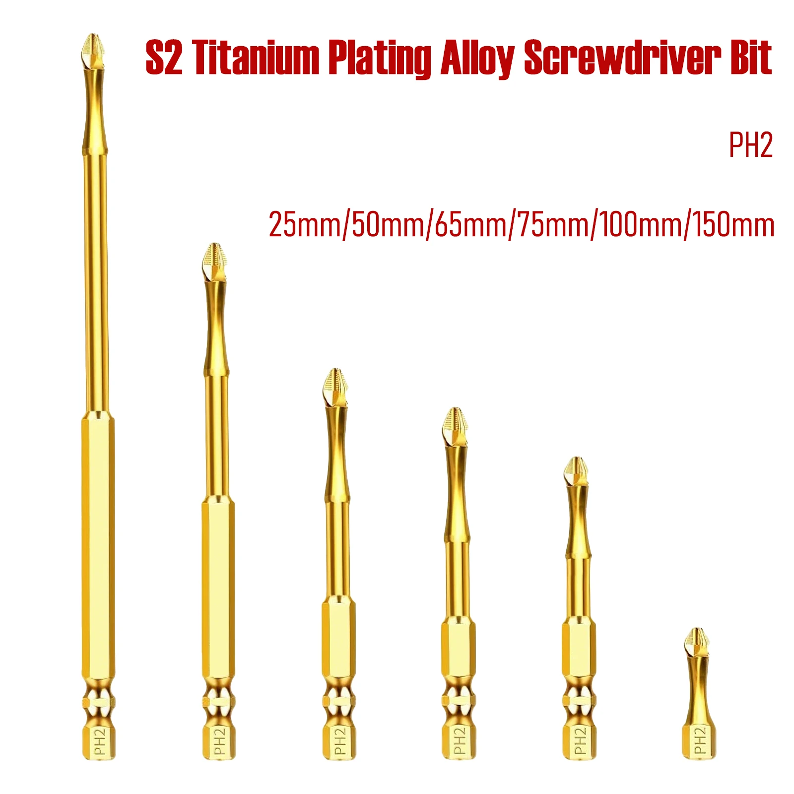 PH2 Magnetic Screwdriver Bit Titanium Plated Anti Slip High Torque Impact Resistant 1/4″‌ Hex Shank Cross Bit for Electric Drill