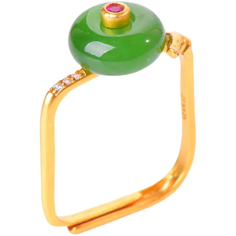 Ancient gold craft Natural Hetian jade vintage charm unique square design rings for women adjustable stylish fresh party jewelry