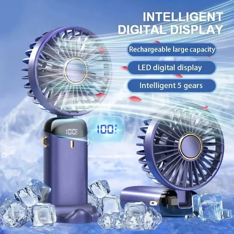 Ручной мини-вентилятор 1800 мАч, складные портативные подвесные вентиляторы на шею, 5-скоростной USB-перезаряжаемый вентилятор с подставкой для телефона и экраном дисплея