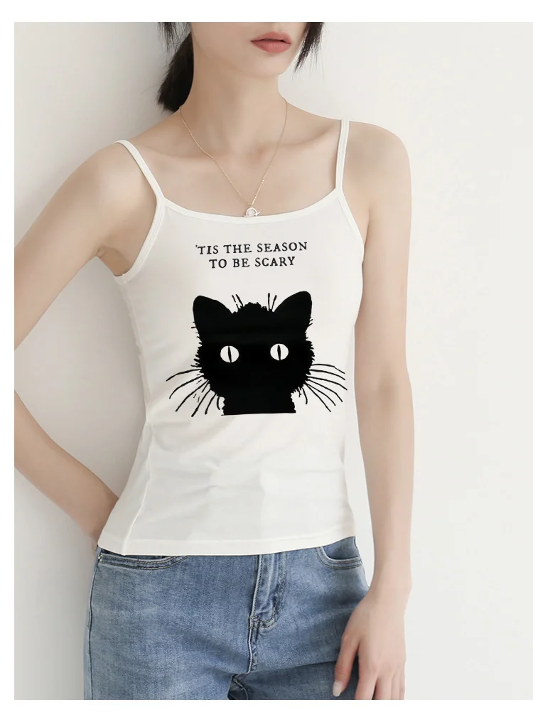 Cute Winking Cat Face Print Women Spaghetti Strap Tank Top Blue Eye Kitty Graphic Slim Fit Summer Casual Ladies Cami Vest