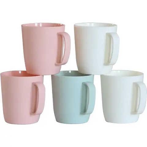 Coffee Mugs Set – 5-Pack 10 oz Unbreakable Plastic Cups with Handle, 3 Colors – Dishwasher Safe