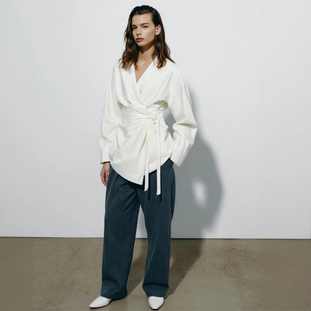 レディース 長袖 Vネック シャツ 秋冬 ファッション ビジネス カジュアル ルーズフィット フリル 無地