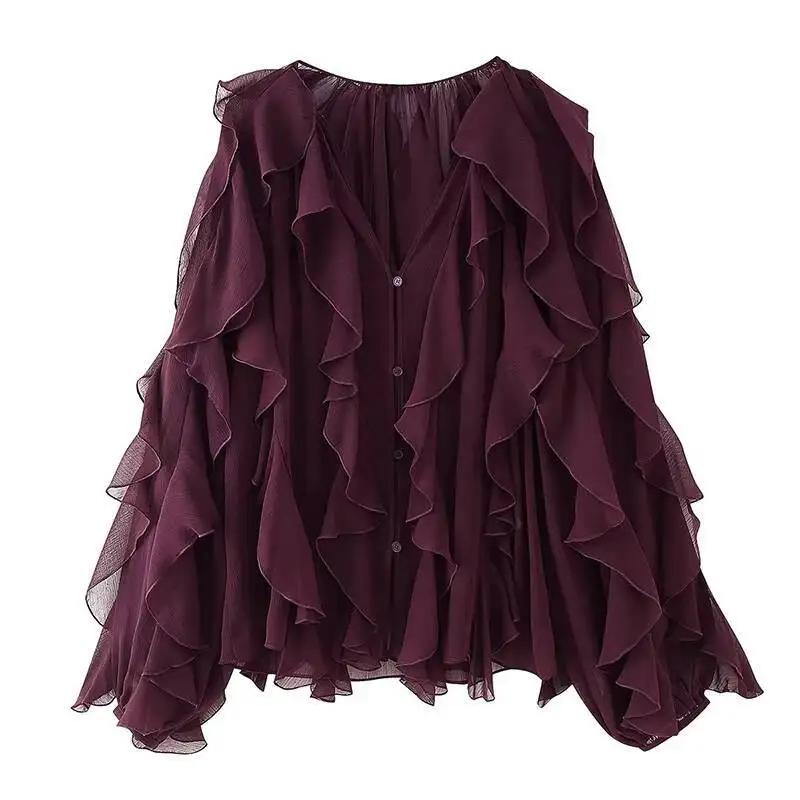 New 2025 Women Sexy Semi-Sheer Ruffle Shirt Long Sleeve V Neck Front Button Spring Blouse Bury Blusas Mujer - Image 3