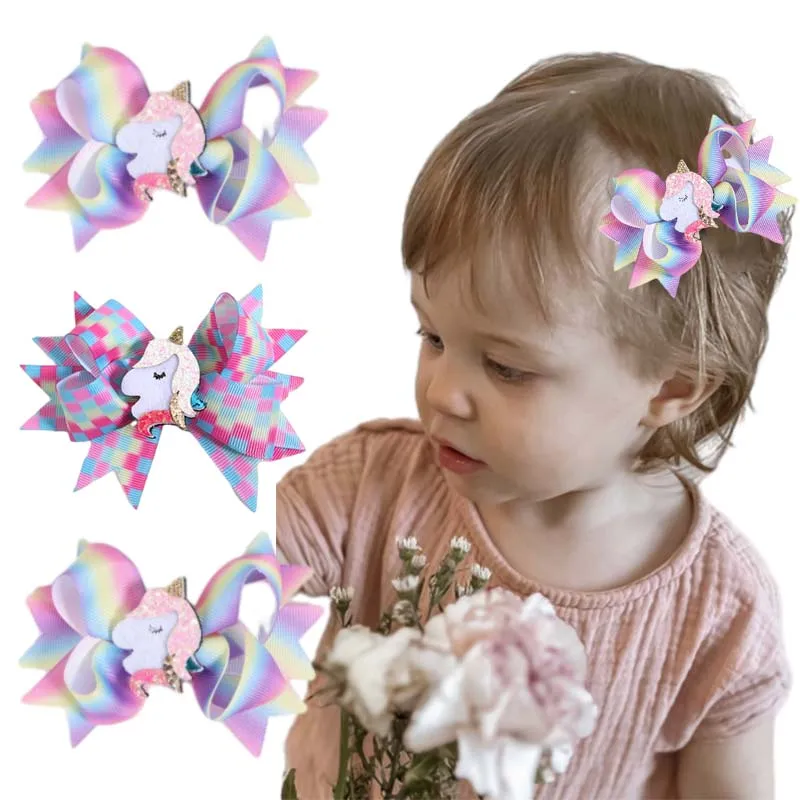 

ncmama Cute Unicorn Hair Bow Clips Ribbon Plaid Hairpin for Kids Girl Handmade Bows Hairpins Barrettes Headwear Hair Accessories