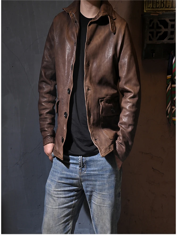 

YR!Free shipping.Luxury quality natural tanned sheepskin jacket.Vintage Brown genuine leather coat.fashion cloth