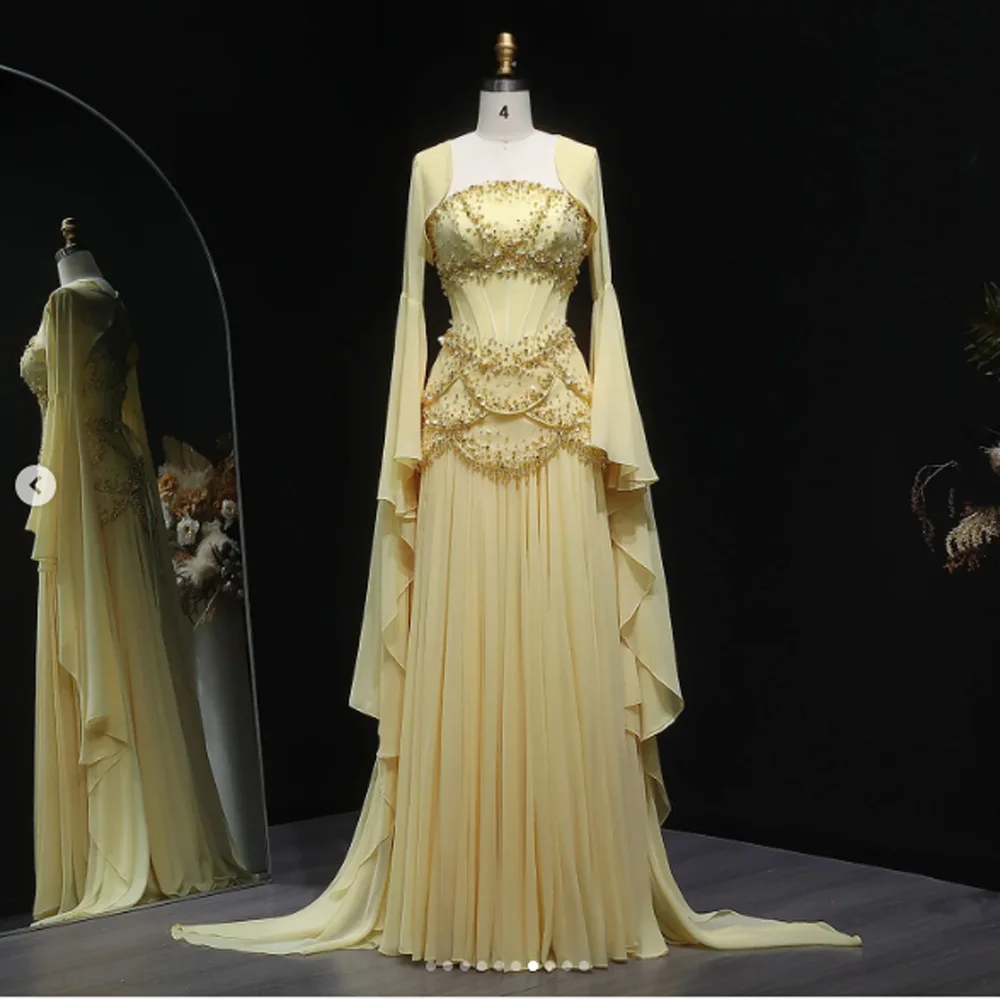 Maßgeschneidertes Chiffon-Etui, wunderschönes Abendkleid, perlenbesetzte Pailletten, mehrlagiges Plissee- und bodenlanges Kleid mit Feenärmeln für formelle Anlässe
