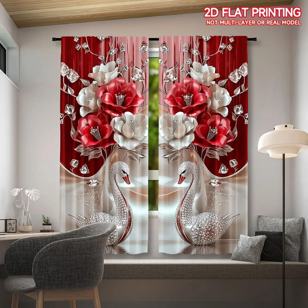 2pcs, 2D Floral Printed Curtains, Elegant Rod Pocket Design for Bedroom and Living Room, Enhance Your Home Decoration