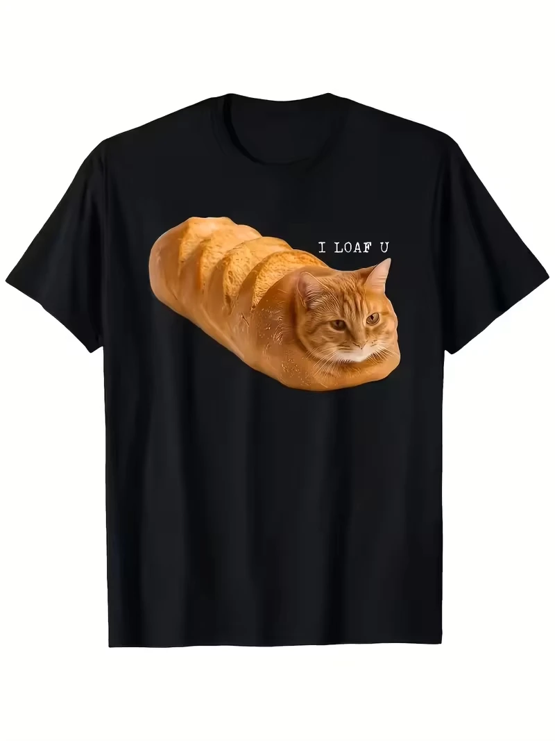 2026 Funny Letter Bread Cat Graphic T-Shirt Men Women Casual Crew Neck Short Sleeve Top Cute Orange Cat H
