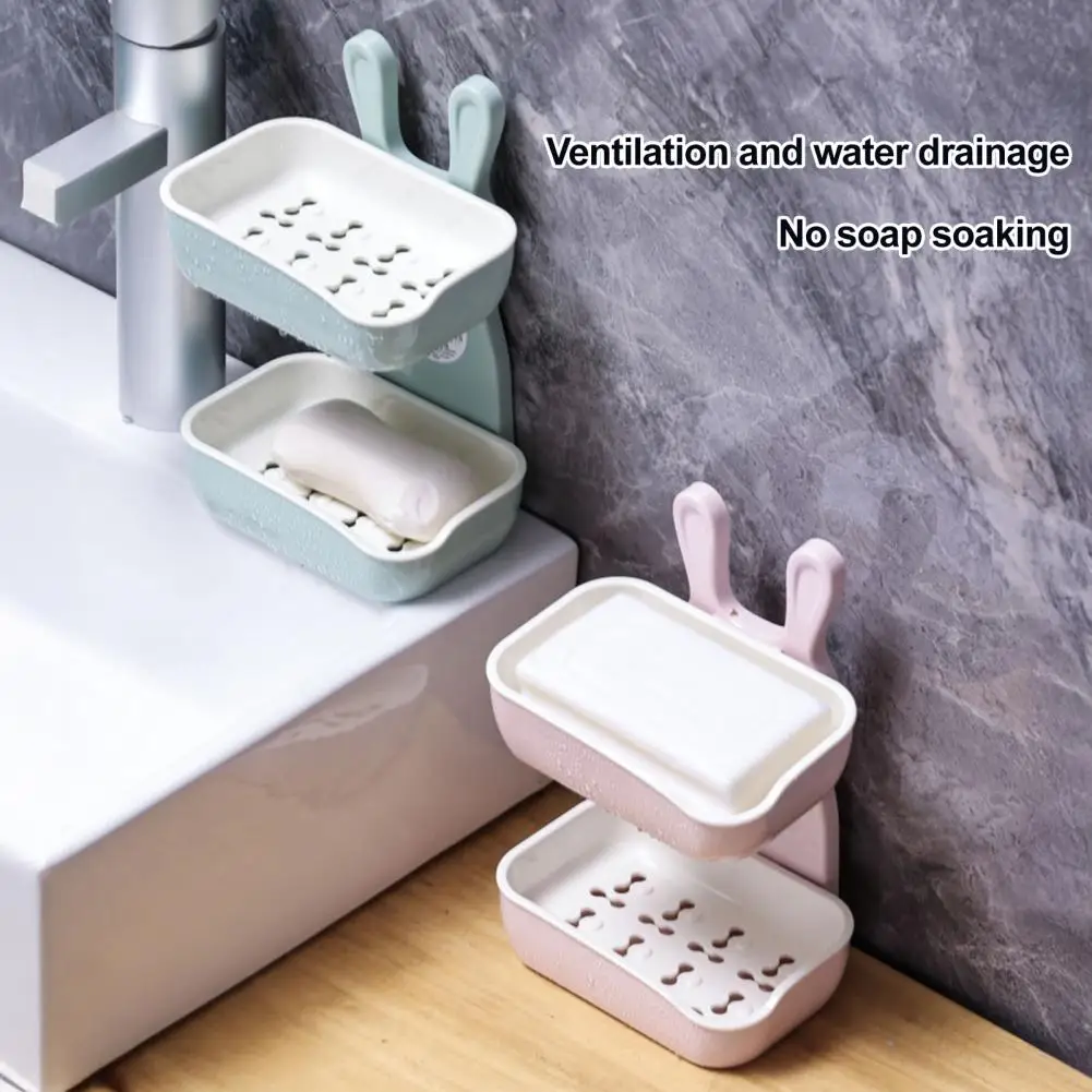 

Double Layer Punch-Free Soap Dish Wall Mounted Cartoon Soap Rack with Strong Load-Bearing Easy Install Bathroom Sponge Holder