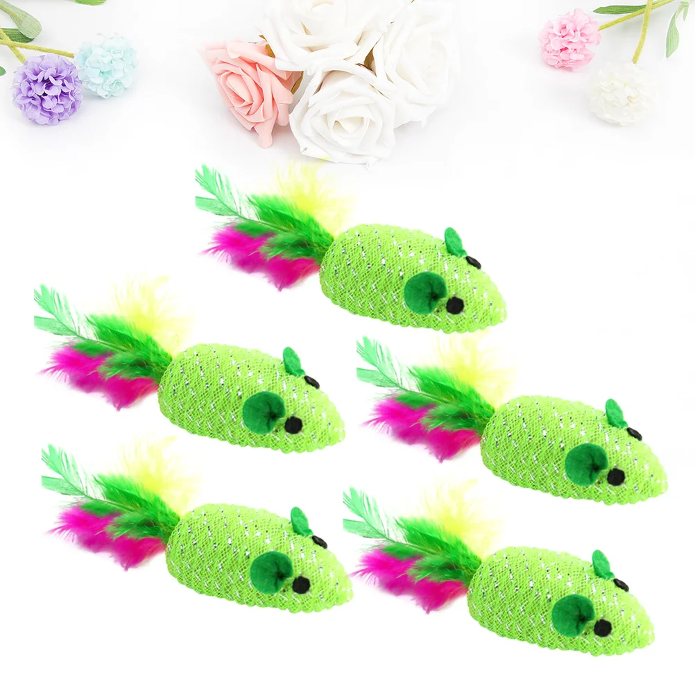 5pcs Woven Mouse Toy Funny Feather Mouse Cat Playing Props Cat Teaser Interactive Toy (Green) cat woven mouse toy