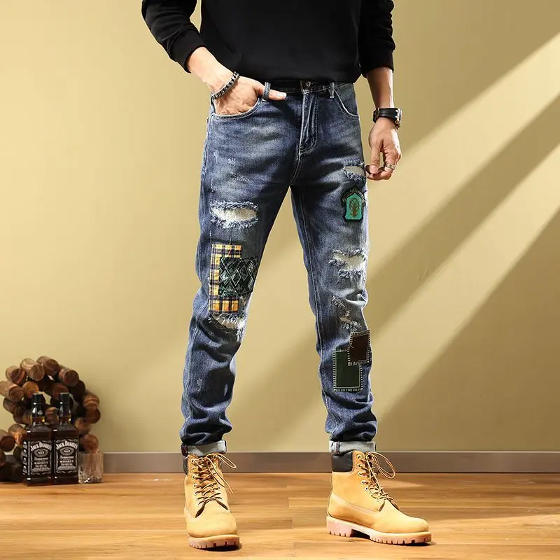 Korean jeans men's handsome patch Ripped  vintage jeans autumn 2022 versatile elastic European and American youth trousers