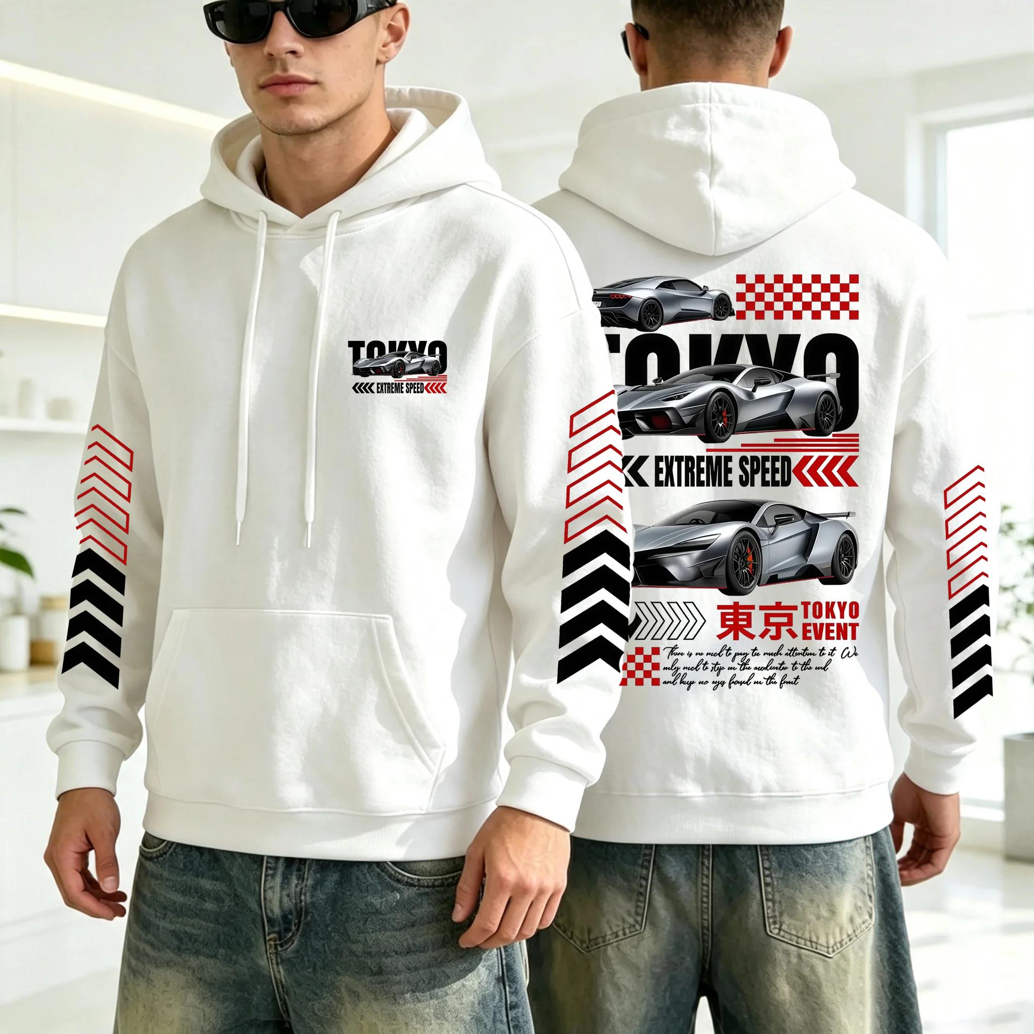 Men Oversized Hoodie Tokyo Extreme Speed Racing Car Print Arrow Pattern On Sleeve Streetwear Hooded Pullover Sweatshirt Tops