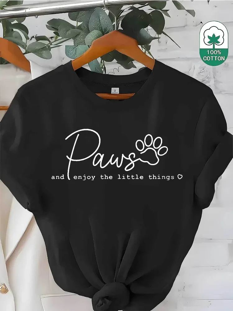 

Женская футболка весна/лето/осень — удобный крой с коротким рукавом с принтом лап и надписью «Enjoy» — повседневный топ в стиле Харадзюку